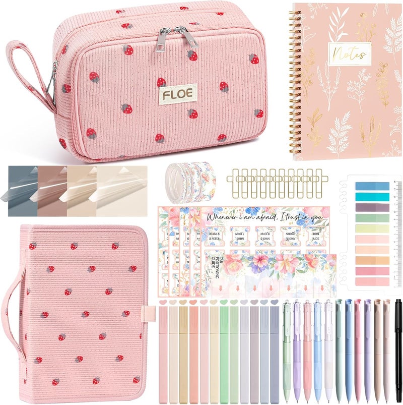 FLOE Bible Study Supplies Journaling Kit for Women with Bible Cover Case, Valentines Day Christian Gifts for Women, Bible Study Tools Accessories Set w/ Highlighter Pen, Pencil Case Notebook Annotation Kit - Image 1
